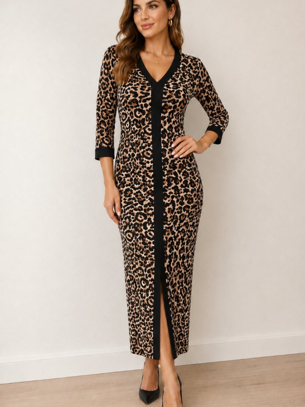 SHEIN Leopard Print Midi Sweater Dress Black Trim 3/4 Sleeve Size L